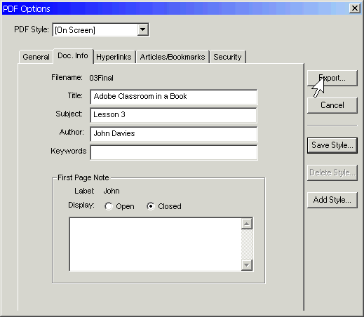 Click Export to run the Export Adobe PDF macro in PM7